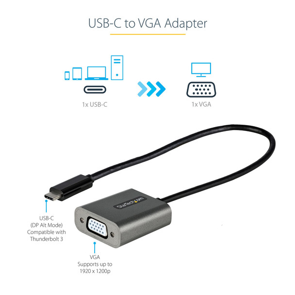 StarTech.com USB C to VGA Adapter - 1080p USB Type-C to VGA Adapter Dongle - USB-C (DP Alt Mode) to VGA Monitor/Display Video Converter - Thunderbolt 3 Compatible - 12" Long Attached Cable - Upgraded Version of CDP2VGA CDP2VGAEC 065030888875