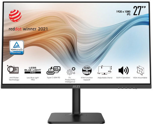 MSI 27" Monitor, Adjustable Stand, 1920x1080, 75Hz, IPS, 5ms, HDMI, DisplayPort, USB Type-C, Built-in USB Hub, Built-in Speakers, Anti-Glare, Anti-Flicker, Less Blue light, TÜV Certified, VESA, Kensington, Black MODERNMD272P 824142283134