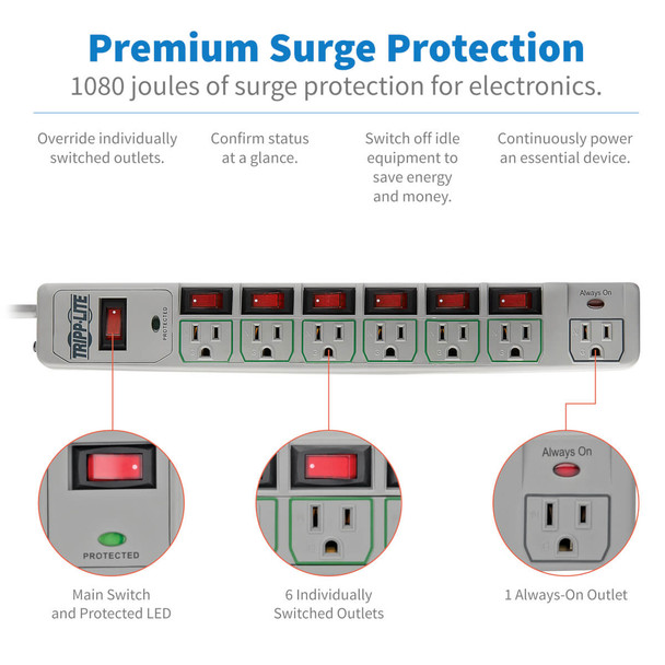 Tripp Lite TLP76MSG surge protector Grey 7 AC outlet(s) 120 V 1.83 m TLP76MSG 037332166074