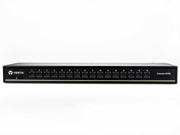 Vertiv Avocent 1x16 KVM switch with USB, w/OSD, push (touch) button switching, keystroke switching, cascade support, internal power supply, includes 8 CBL0170 cables AV116BND8-400