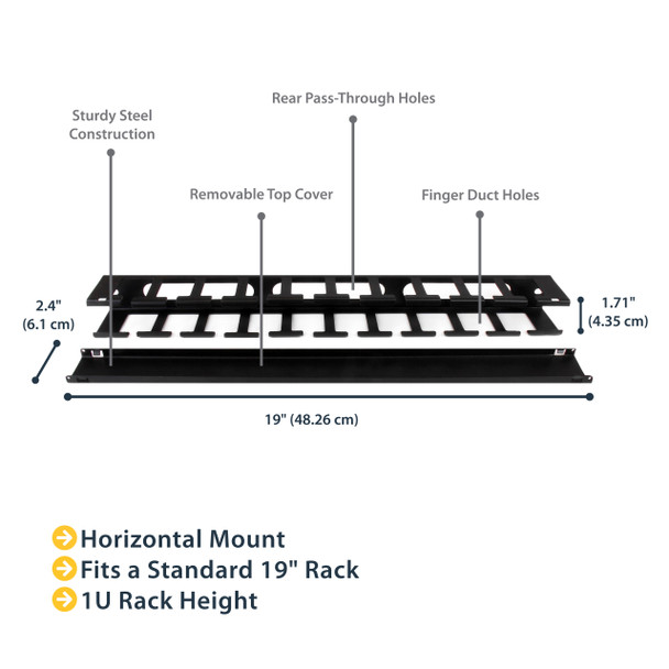 StarTech.com 1U Horizontal Finger Duct Rack Cable Management Panel with Cover 42995