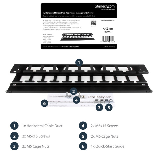 StarTech.com 1U Horizontal Finger Duct Rack Cable Management Panel with Cover 42995