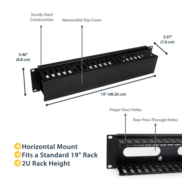 StarTech.com 2U Horizontal Finger Duct Rack Cable Management Panel with Cover 42997