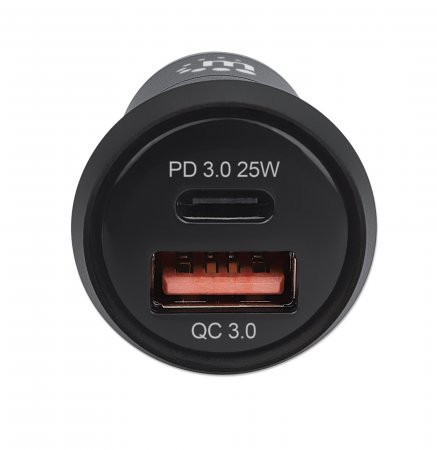 Manhattan Car/Auto Mobile Device Charger, USB-C & USB-A Outputs, 25W, USB-A Charging up to 18W (QC 3.0), Simultaneous Charging, Overload/Overcurrent/Overheat Protection, Black, Phone Charger, Blister 102414 766623102414