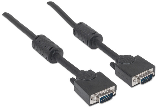 Manhattan VGA Monitor Cable (with Ferrite Cores), 3m, Black, Male to Male, HD15, Cable of higher SVGA Specification (fully compatible), Shielding with Ferrite Cores helps minimise EMI interference for improved video transmission 317733 766623317733
