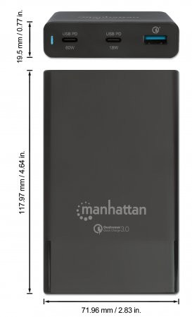 Manhattan Charging Station, 2x USB-C and 1x USB-A Ports, USB-C Outputs: 1x 60W and 1x 18W, USB-A Output: 1x 18W, Cable 1m, Includes USB-C to USB-C 2m cable, (Power Cable: Euro 2-pin plug to C7 fig-of-8 connector) 102223 766623102223