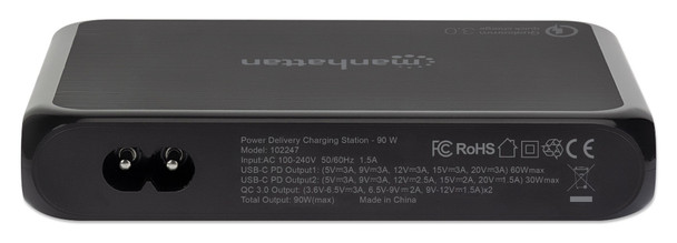 Manhattan Charging Station, 2x USB-C and 2x USB-A Ports, USB-C Outputs: 1x 60W and 1x 30W, USB-A Outputs: 2x 18W, Stand & 3M tape Cable 1m, Black (Power Cable: Euro 2-pin plug to C7 figure-of-8 connector), Box 102247 766623102247
