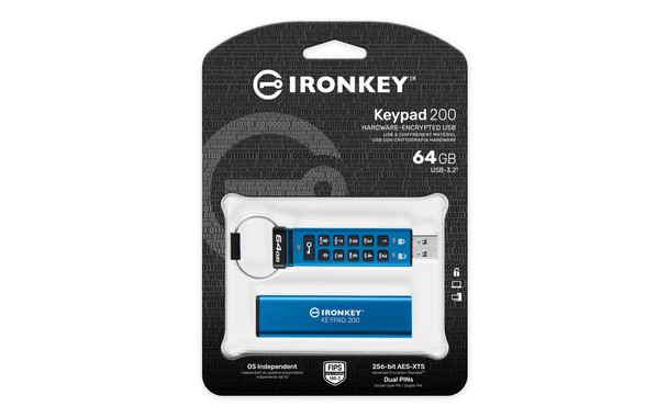 Kingston Technology IKKP200/64GB 740617330076 64gb ironkey keypad 200, fips 140-3 lvl 3 (pending) aes-256 encrypted ikkp200/64gb 740617330076