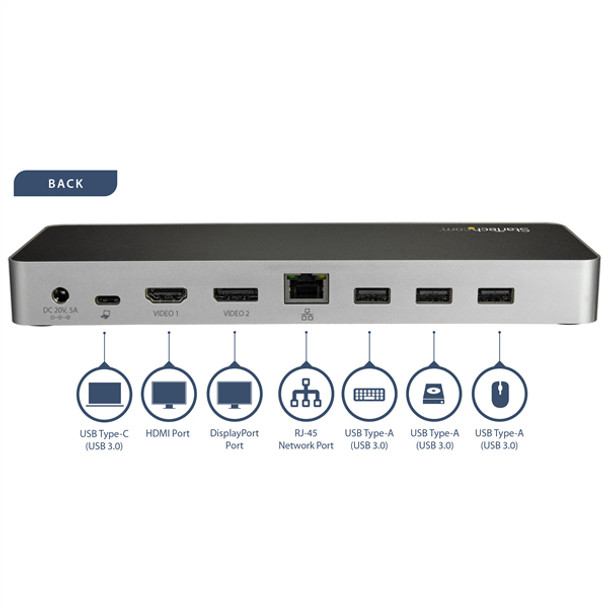 StarTech.com USB C Dock - Dual Monitor HDMI & DisplayPort 4K 30Hz - USB Type-C Laptop Docking Station 60W Power Delivery, SD, 4-port USB-A 3.0 Hub, GbE, Audio - Thunderbolt 3 Compatible 43874