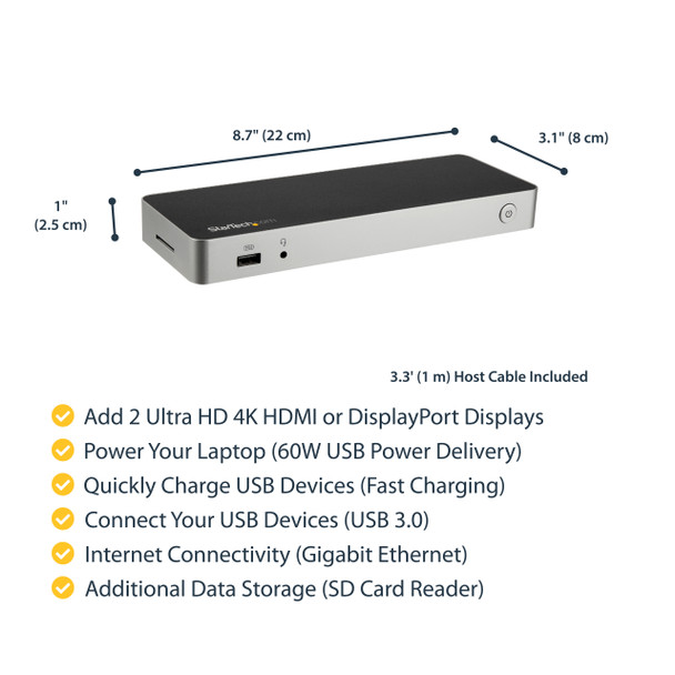 StarTech.com USB C Dock - Dual Monitor HDMI & DisplayPort 4K 30Hz - USB Type-C Laptop Docking Station 60W Power Delivery, SD, 4-port USB-A 3.0 Hub, GbE, Audio - Thunderbolt 3 Compatible 43874