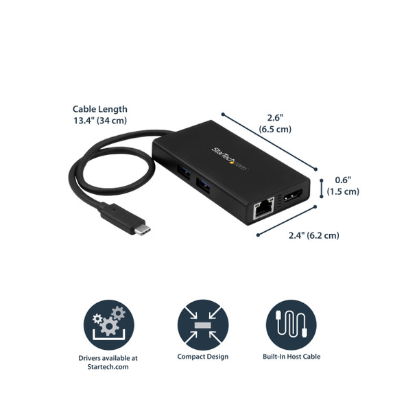 StarTech.com USB-C Multiport Adapter - USB-C Travel Docking Station with 4K HDMI - 60W Power Delivery Pass-Through, GbE, 2pt USB-A 3.0 Hub - Portable Mini USB Type-C Dock for Laptop 43883