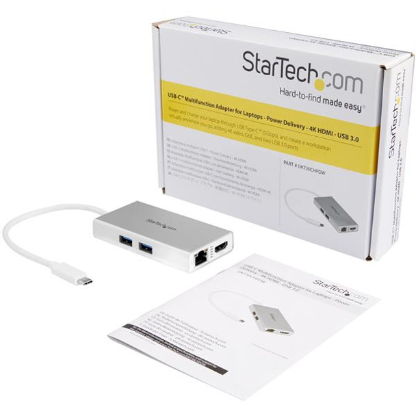 StarTech.com USB-C Multiport Adapter - USB-C Travel Docking Station w/ 4K HDMI - 60W Power Delivery Pass-Through, GbE, 2pt USB-A 3.0 Hub - Portable Mini USB Type-C Dock for Laptop - White 43885