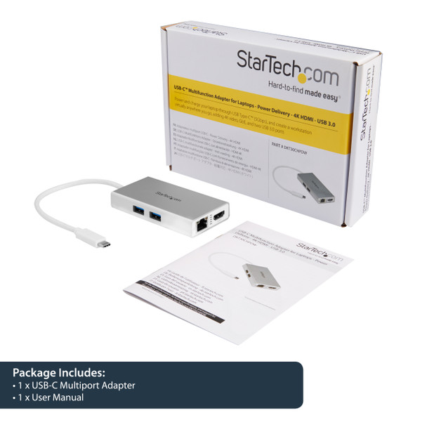StarTech.com USB-C Multiport Adapter - USB-C Travel Docking Station w/ 4K HDMI - 60W Power Delivery Pass-Through, GbE, 2pt USB-A 3.0 Hub - Portable Mini USB Type-C Dock for Laptop - White 43885