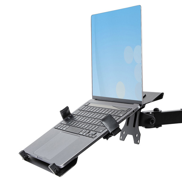 StarTech.com Monitor Arm with VESA Laptop Tray, For a Laptop (4.5kg/9.9lb) and a Single Display up to 32" (8kg/17.6lb), Black, Vented Tray, Adjustable Laptop Arm Mount, C-clamp/Grommet Mount A2-LAPTOP-DESK-MOUNT 065030895224