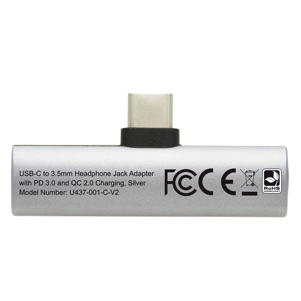 Tripp Lite U437-001-C-V2 USB-C to 3.5 mm Headphone Jack Adapter for Hi-Res Stereo Audio - PD 3.0 and QC 2.0 Charging, Silver U437-001-C-V2 037332269676