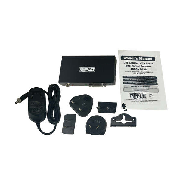 Tripp Lite B116-002A-INT 2-Port DVI Splitter with Audio and Signal Booster, Single-Link 1080p @ 60 Hz (DVI-D F/2xF), International Plug Adapters, TAA B116-002A-INT 037332271556