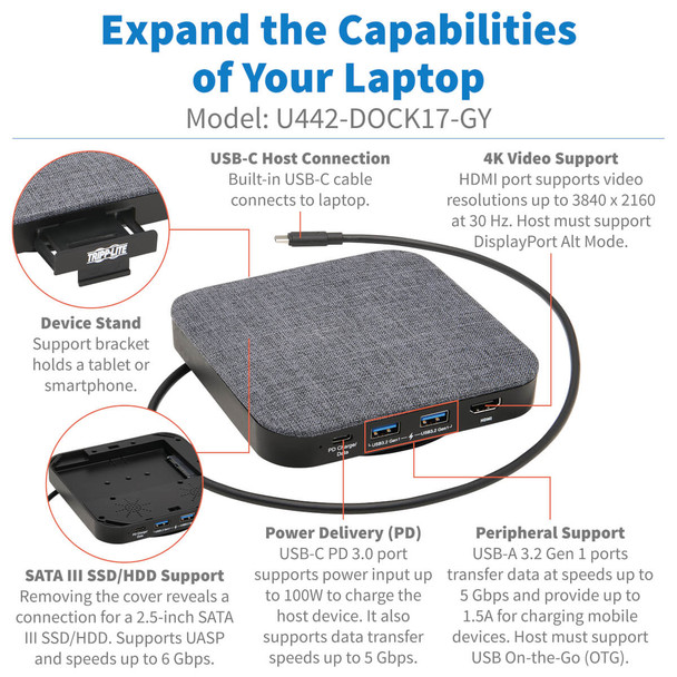 Tripp Lite U442-DOCK17-GY USB-C Dock with Optional Internal Hard Drive, 4K HDMI, USB 3.2 (5G), USB-A/USB-C Hub, SATA III, 100W PD Charging, Gray U442-DOCK17-GY 037332262288