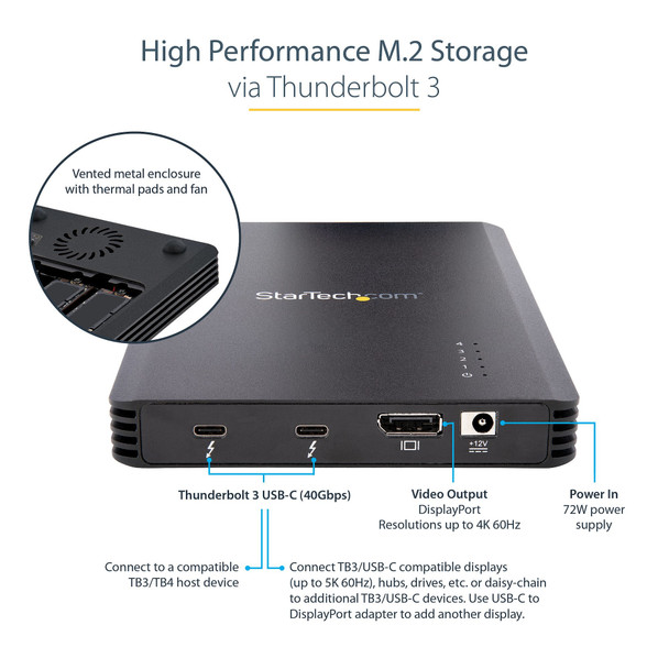 StarTech.com 4 Bay Thunderbolt 3 NVMe Enclosure, For M.2 NVMe SSD Drives, 1x DisplayPort Video/ 2x TB3 Downstream Ports, 40Gbps, 72W Power Supply, External Hard Drive Enclosure M2E4BTB3 065030886406