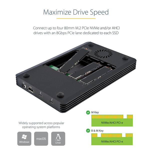 StarTech.com 4 Bay Thunderbolt 3 NVMe Enclosure, For M.2 NVMe SSD Drives, 1x DisplayPort Video/ 2x TB3 Downstream Ports, 40Gbps, 72W Power Supply, External Hard Drive Enclosure M2E4BTB3 065030886406