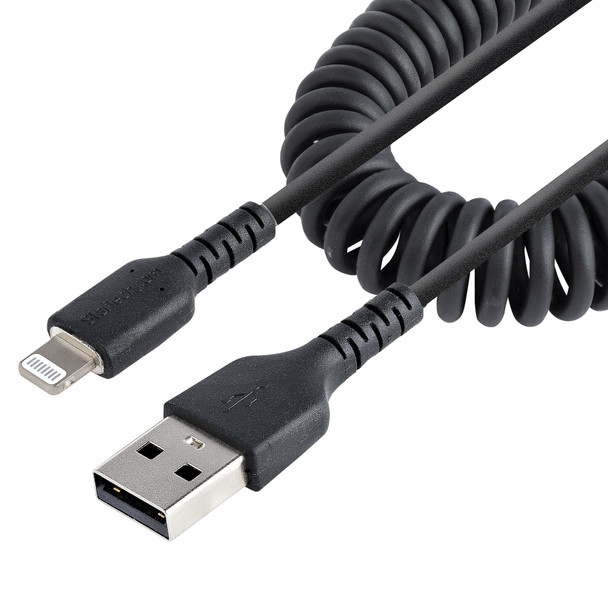 StarTech.com 1m (3ft) USB to Lightning Cable, MFi Certified, Coiled iPhone Charger Cable, Black, Durable TPE Jacket Aramid Fiber, Heavy Duty Coil Lightning Cable RUSB2ALT1MBC 065030893473