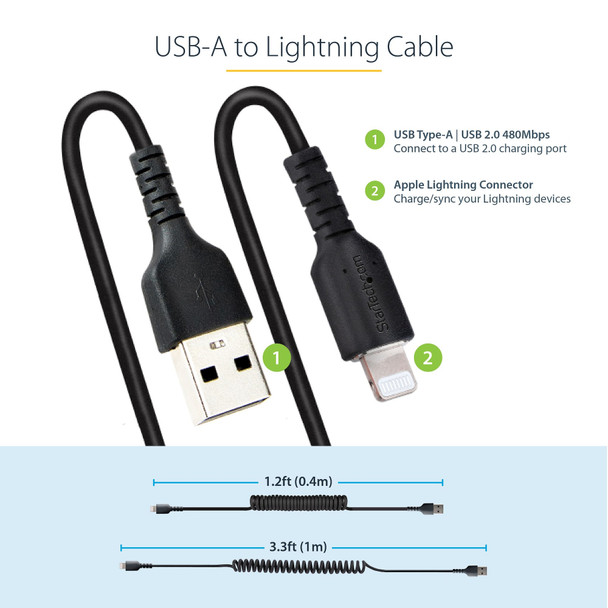 StarTech.com 1m (3ft) USB to Lightning Cable, MFi Certified, Coiled iPhone Charger Cable, Black, Durable TPE Jacket Aramid Fiber, Heavy Duty Coil Lightning Cable RUSB2ALT1MBC 065030893473