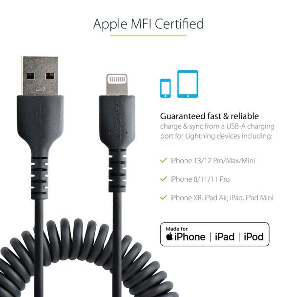 StarTech.com 1m (3ft) USB to Lightning Cable, MFi Certified, Coiled iPhone Charger Cable, Black, Durable TPE Jacket Aramid Fiber, Heavy Duty Coil Lightning Cable RUSB2ALT1MBC 065030893473