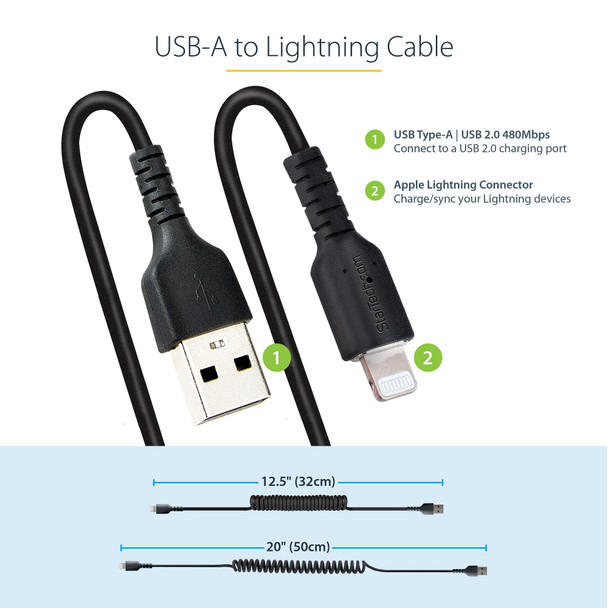 StarTech.com 50cm (20in) USB to Lightning Cable, MFi Certified, Coiled iPhone Charger Cable, Black, Durable TPE Jacket Aramid Fiber, Heavy Duty Coil Lightning Cable RUSB2ALT50CMBC 065030893633