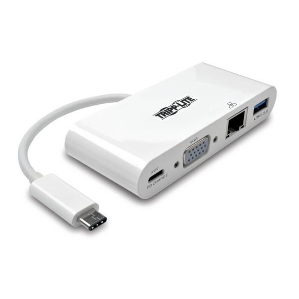 Tripp Lite U444-06N-VGU-C USB-C Multiport Adapter, VGA, USB-A Port, Gbe and PD Charging, White U444-06N-VGU-C 037332193728