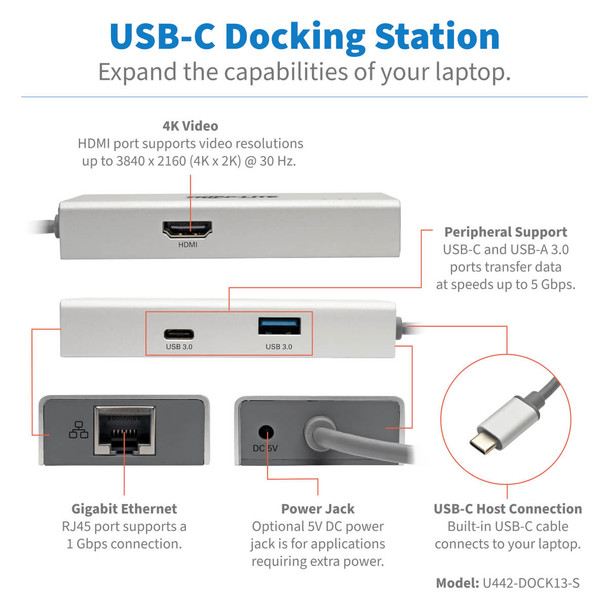 Tripp Lite U442-DOCK13-S USB-C Dock - 4K HDMI, USB 3.2 Gen 1, USB-A/USB-C Hub, GbE U442-DOCK13-S 037332213396