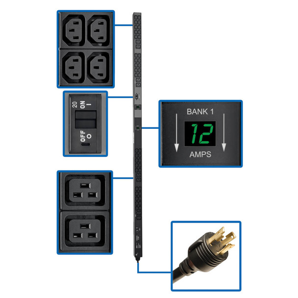 Tripp Lite 5.8kW Single-Phase Metered PDU, 208/240V Outlets (8 C19 and 40 C13), L6-30P, 10 ft. Cord, 0U Vertical, TAA, 70 in. PDUMV30HV2 037332182807