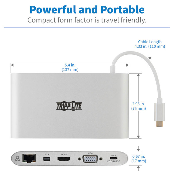 Tripp Lite U442-DOCK1 USB-C Dock, Dual Display - 4K HDMI/mDP, VGA, USB 3.2 Gen 1, USB-A/C Hub, GbE, Memory Card, 100W PD Charging U442-DOCK1 037332193834