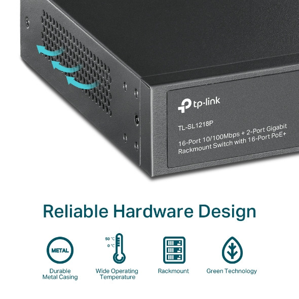 TP-Link 16-Port 10/100 Mbps + 2-Port Gigabit Rackmount PoE Switch with 16-Port PoE+ TL-SL1218P 845973088712