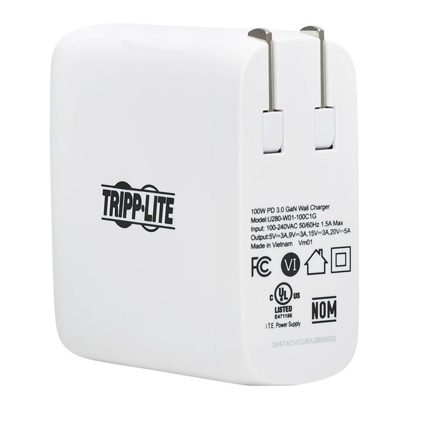 Tripp Lite Compact 1-Port USB-C Wall Charger - GaN Technology, 100W PD3.0 Charging, White U280-W01-100C1G 037332259653