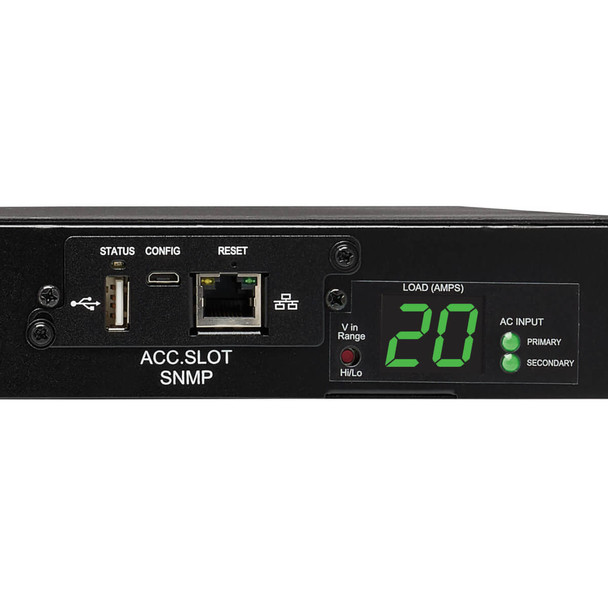 Tripp Lite PDUMH20HVATNET 3.8kW Single-Phase Switched Automatic Transfer Switch PDU, Two 200-240V C20 Inlets, 8 C13 & 2 C19 Outputs, 1U, TAA PDUMH20HVATNET 037332151506