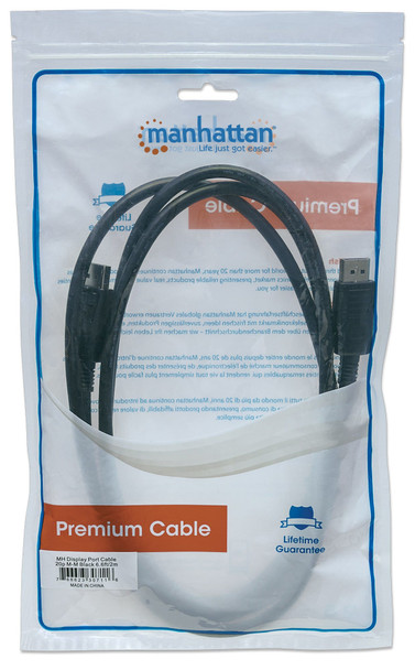 Manhattan DisplayPort 1.2 Cable, 4K@60hz, 2m, Male to Male, Equivalent to DISPL2M, With Latches, Fully Shielded, Black, Lifetime Warranty, Polybag 307116 766623307116