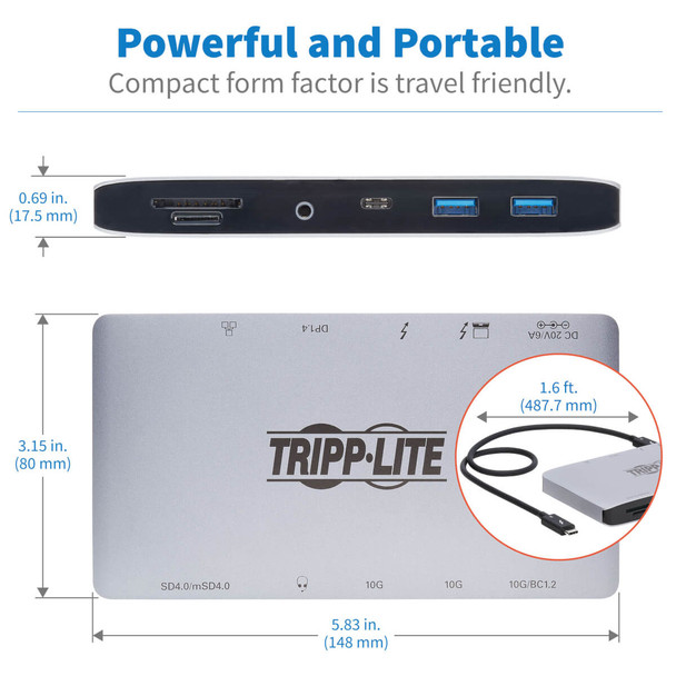 Tripp Lite Thunderbolt 3 Dock w USB-C Compatibility, Dual Display - 8K DisplayPort, USB 3.2 Gen 2 10G, USB-A/C Hub, Memory Card, GbE, 60W PD Charging MTB3-DOCK-03 037332250322