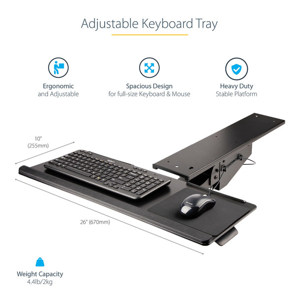 StarTech.com Under Desk Keyboard Tray - Full Motion & Height Adjustable Keyboard and Mouse Tray, 10"x26" Platform - Ergonomic Desk Mount Computer Keyboard Tray with Mouse Pad & Wrist Rest KBTRAYADJ2 065030889889