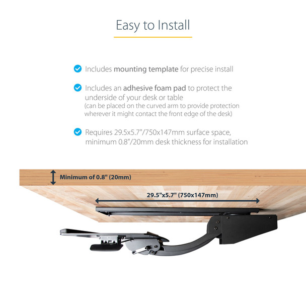 StarTech.com Under Desk Keyboard Tray - Full Motion & Height Adjustable Keyboard and Mouse Tray, 10"x26" Platform - Ergonomic Desk Mount Computer Keyboard Tray with Mouse Pad & Wrist Rest KBTRAYADJ2 065030889889