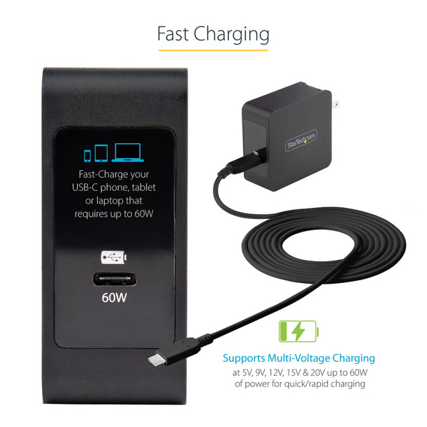 StarTech.com USB C Wall Charger - USB C Laptop Charger 60W PD - 6ft/2m Cable - Universal Compact Type C Power Adapter - Dell XPS, Lenovo X1 Carbon, HP EliteBook, MacBook - USB IF/ETL Certified WCH1CBK 065030893503