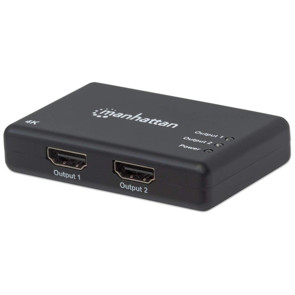 Manhattan HDMI Splitter 2-Port , 4K@30Hz, Displays output from x1 HDMI source to x2 HD displays (same output to both displays), AC Powered (cable 0.9m), Black, Three Year Warranty, Retail Box (With Euro 2-pin plug) 207669 766623207669