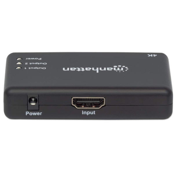 Manhattan HDMI Splitter 2-Port , 4K@30Hz, Displays output from x1 HDMI source to x2 HD displays (same output to both displays), AC Powered (cable 0.9m), Black, Three Year Warranty, Retail Box (With Euro 2-pin plug) 207669 766623207669