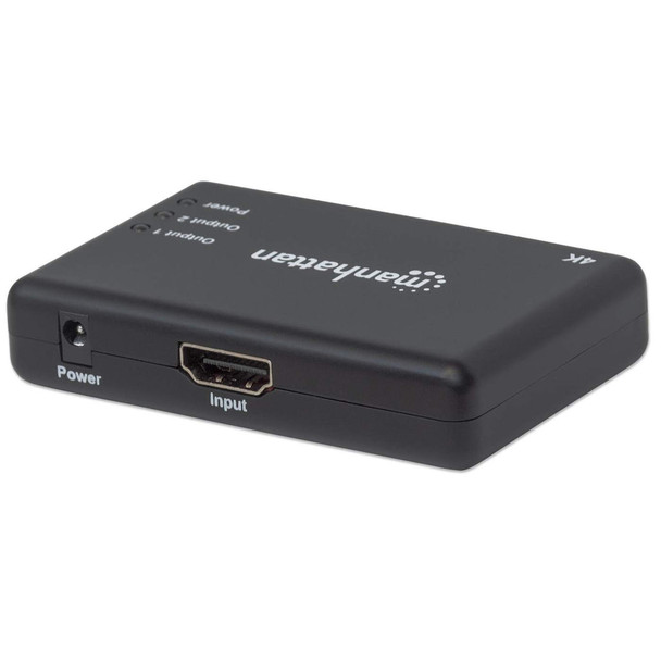 Manhattan HDMI Splitter 2-Port , 4K@30Hz, Displays output from x1 HDMI source to x2 HD displays (same output to both displays), AC Powered (cable 0.9m), Black, Three Year Warranty, Retail Box (With Euro 2-pin plug) 207669 766623207669