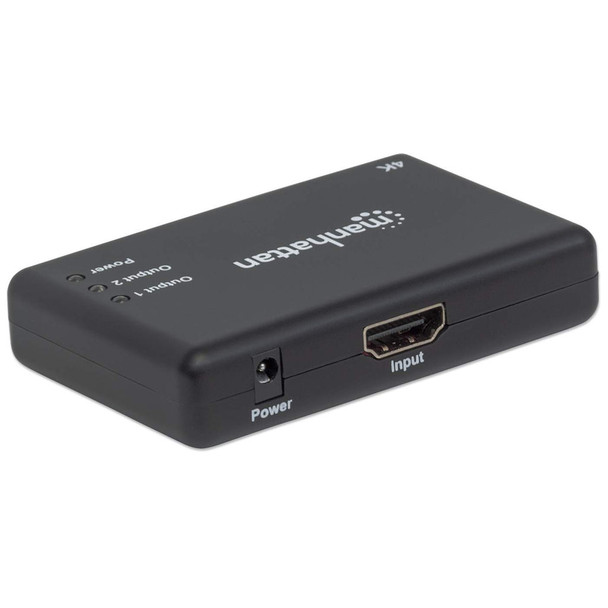 Manhattan HDMI Splitter 2-Port , 4K@30Hz, Displays output from x1 HDMI source to x2 HD displays (same output to both displays), AC Powered (cable 0.9m), Black, Three Year Warranty, Retail Box (With Euro 2-pin plug) 207669 766623207669
