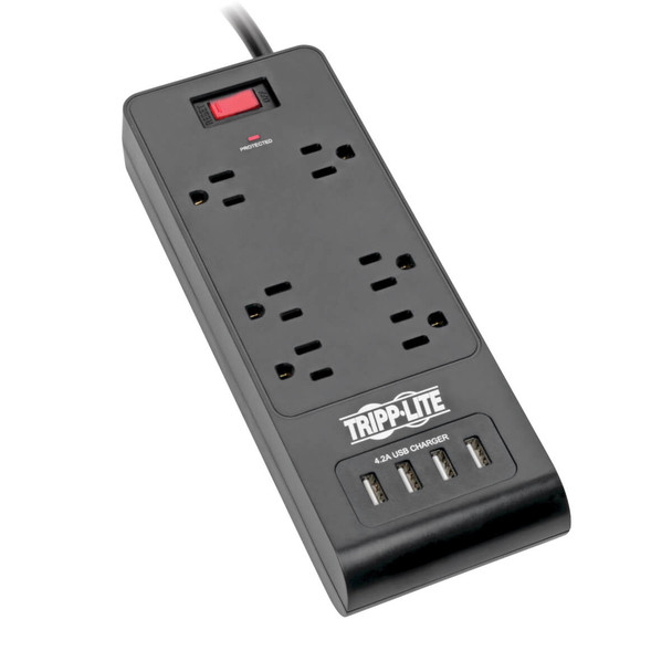 Tripp Lite 6-Outlet Surge Protector with 4 USB Ports (4.2A Shared) - 6 ft. Cord, 900 Joules, Black TLP664USBB 037332223586