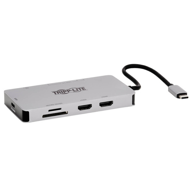 Tripp Lite U442-DOCK8G-GG USB-C Dock, Dual Display - 4K 60 Hz HDMI, USB 3.2 Gen 1, USB-A Hub, GbE, Memory Card, 100W PD Charging, Gray 037332261298