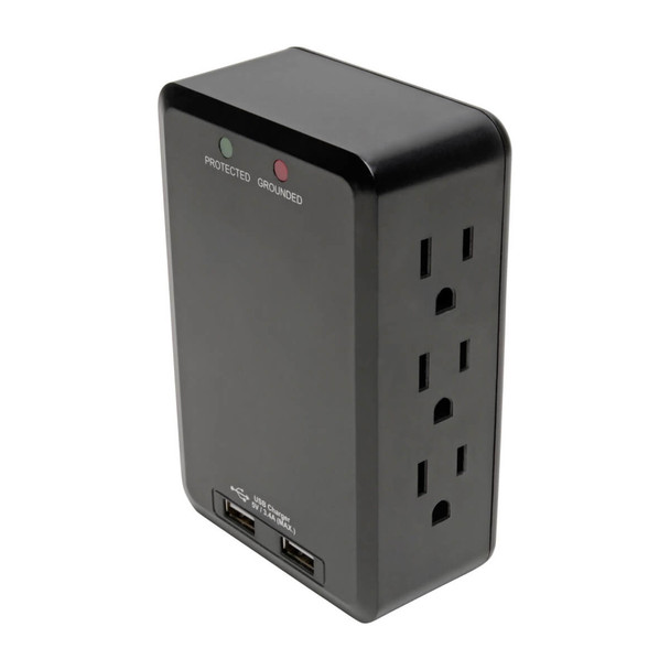 Tripp Lite 6-Outlet Surge Protector with 2 USB Ports (3.4A Shared) - Side Load, Direct Plug-In, 1050 Joules 037332239549