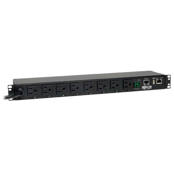 Tripp Lite 1.4kW Single-Phase Switched PDU, LX Platform Interface, 120V Outlets (8 5-15R), NEMA 5-15P, 12 ft. Cord, 1U Rack, TAA 037332203274