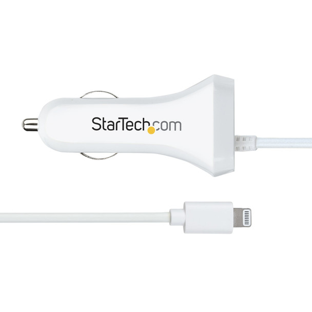 StarTech.com Lightning Car Charger with Coiled Cable, 1m Coiled Lightning Cable, 12W, White, 2 Port USB Car Charger Adapter for Phones and Tablets, Dual USB In Car iPhone Charger USBLT2PCARW2 065030883757