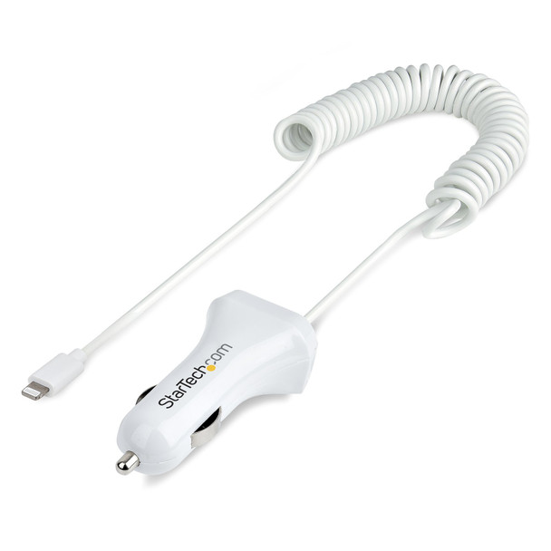 StarTech.com Lightning Car Charger with Coiled Cable, 1m Coiled Lightning Cable, 12W, White, 2 Port USB Car Charger Adapter for Phones and Tablets, Dual USB In Car iPhone Charger USBLT2PCARW2 065030883757