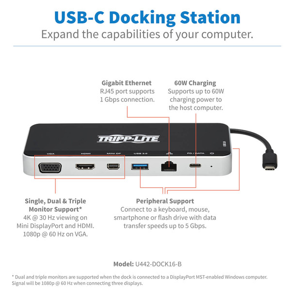 Tripp-Lite AC U442-DOCK16-B USB Dock Triple Display 4K HDMI&mDP 60W PD Retail